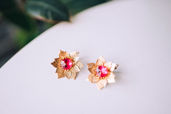 Flower earrings, Festival earrings, Gold earrings, Summer earrings, Flower jewellery, Wedding accessories, Pink earrings, Bridal earrings