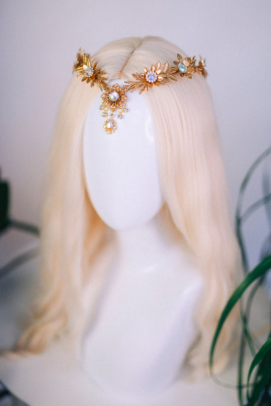 Gold flower tiara, Elven crown, Gold Fairy Crown, Halo Headband, Gold Crown, Tiara, Gold Halo, Festival Crown, Princess crown, Flower crown