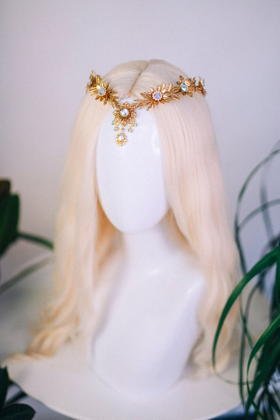 Gold flower tiara, Elven crown, Gold Fairy Crown, Halo Headband, Gold Crown, Tiara, Gold Halo, Festival Crown, Princess crown, Flower crown