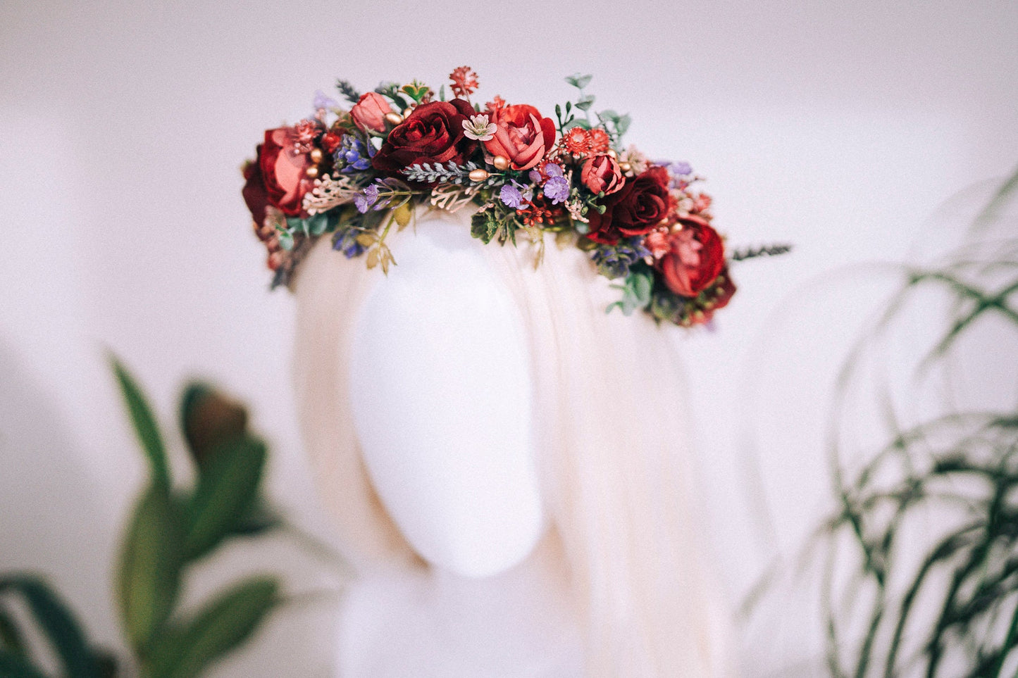 Burgundy flower crown, Greenery flower crown, Flower hair wreath, Wedding crown, Bridal crown, Flower crown, Flower headband, Boho style