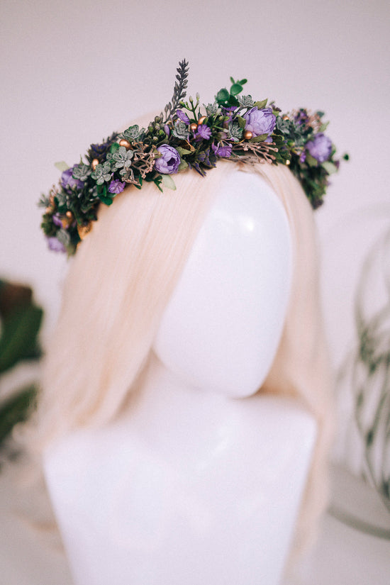 Purple flower crown, Greenery flower crown, Flower hair wreath, Wedding crown, Bridal crown, Flower crown, Flower headband, Boho style