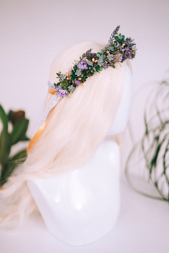 Purple flower crown, Greenery flower crown, Flower hair wreath, Wedding crown, Bridal crown, Flower crown, Flower headband, Boho style