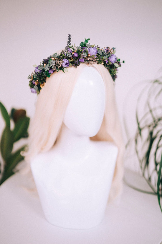 Purple flower crown, Greenery flower crown, Flower hair wreath, Wedding crown, Bridal crown, Flower crown, Flower headband, Boho style