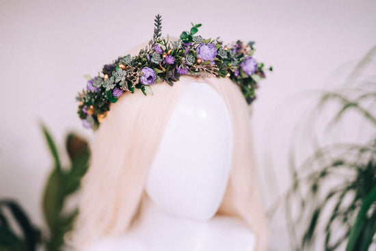 Purple flower crown, Greenery flower crown, Flower hair wreath, Wedding crown, Bridal crown, Flower crown, Flower headband, Boho style