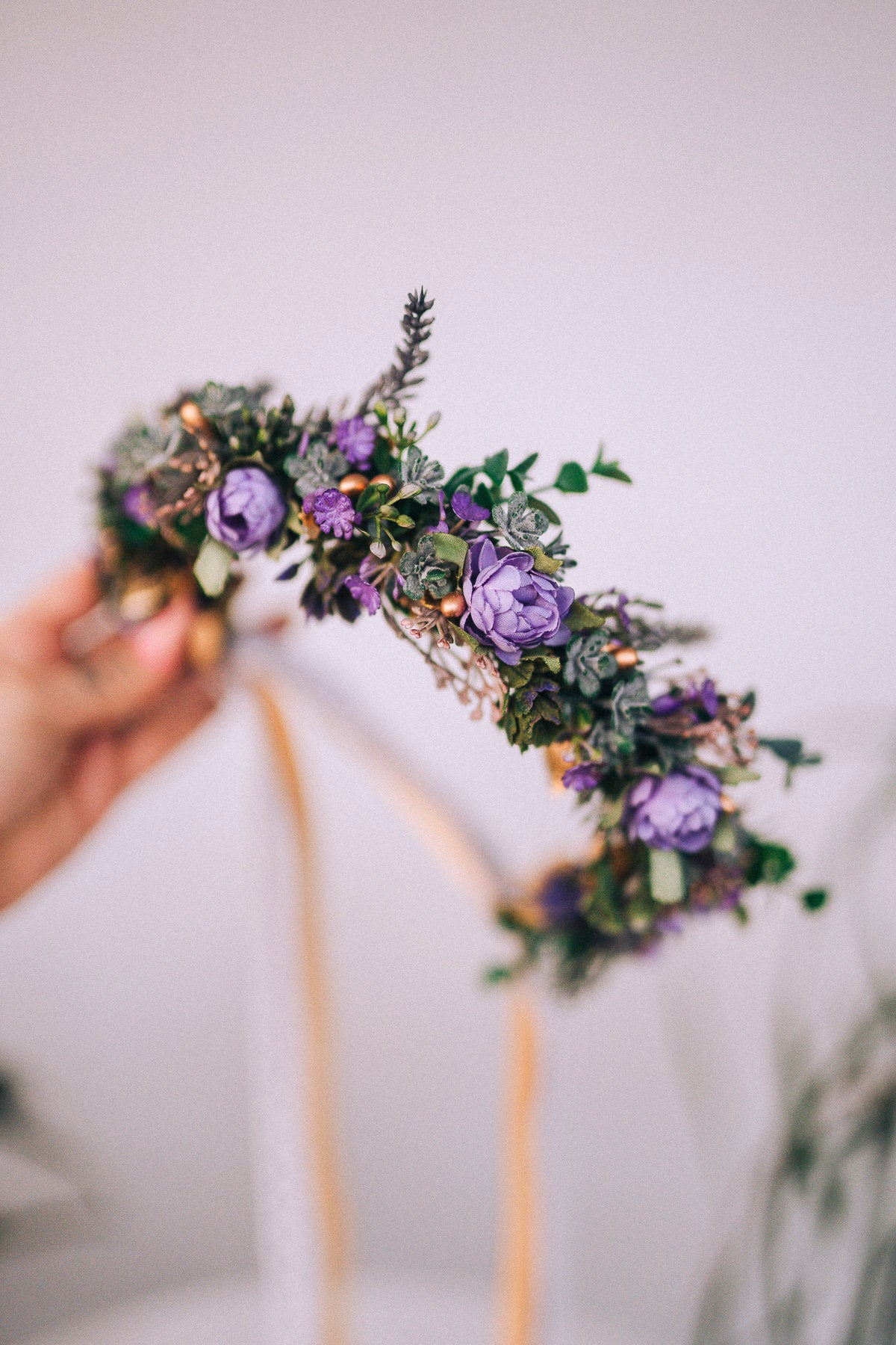 Purple flower crown, Greenery flower crown, Flower hair wreath, Wedding crown, Bridal crown, Flower crown, Flower headband, Boho style