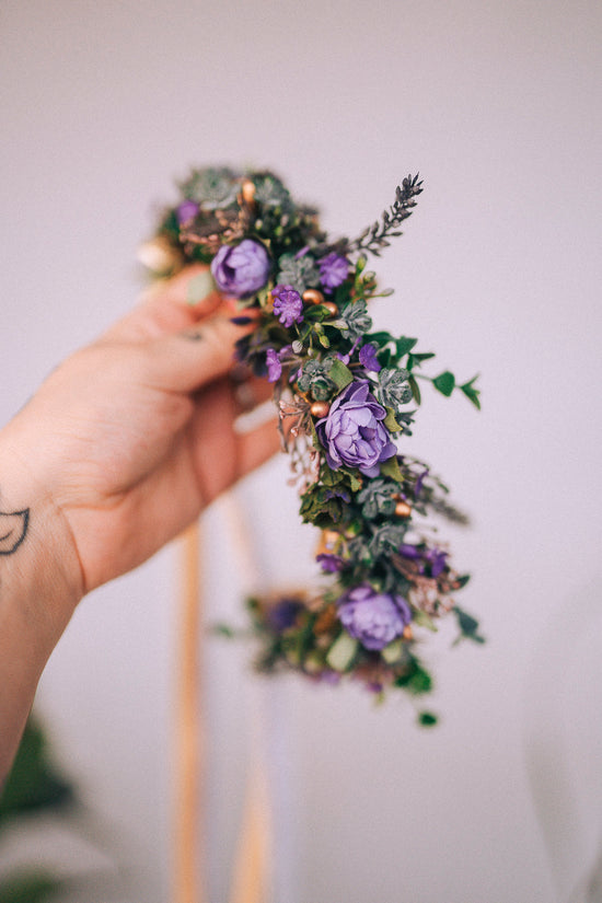 Purple flower crown, Greenery flower crown, Flower hair wreath, Wedding crown, Bridal crown, Flower crown, Flower headband, Boho style