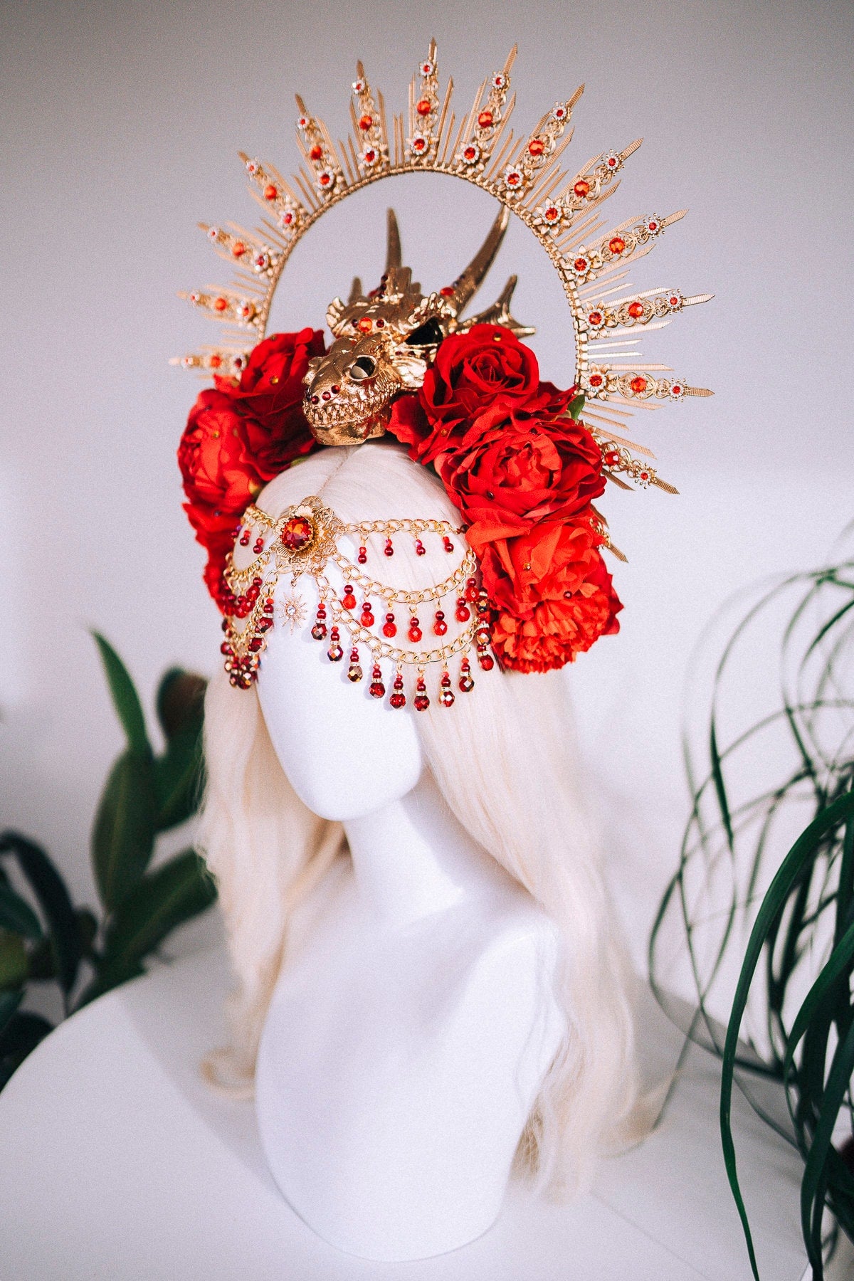 Chinese New Year, Red dragon crown, Flower headband, Flower headpiece, Dracarys, Halloween costume, Year of the Wood Dragon, Dragon headband