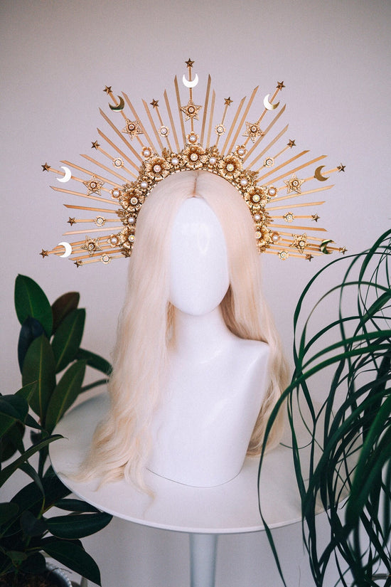 Gold halo crown, Halo Crown, Halo Headpiece, Halo Headband, Halo Headlights, Headpiece, Festival Crown, Bridal crown, Bridal headpiece, Boho