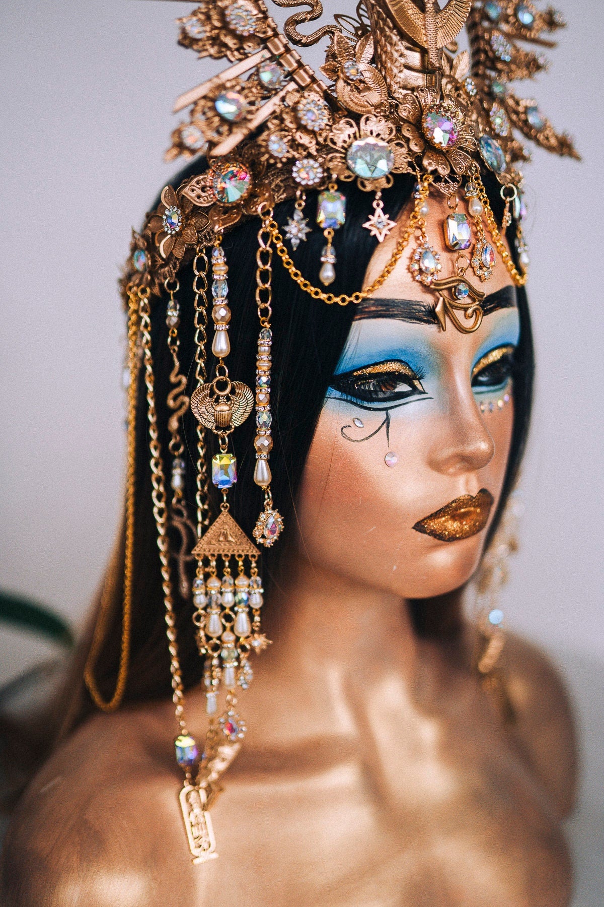 Cleopatra Crown, White pearl crown, Wedding tiara, Pearl jewellery, Gold crown, Halloween, Burning man, Goddess crown