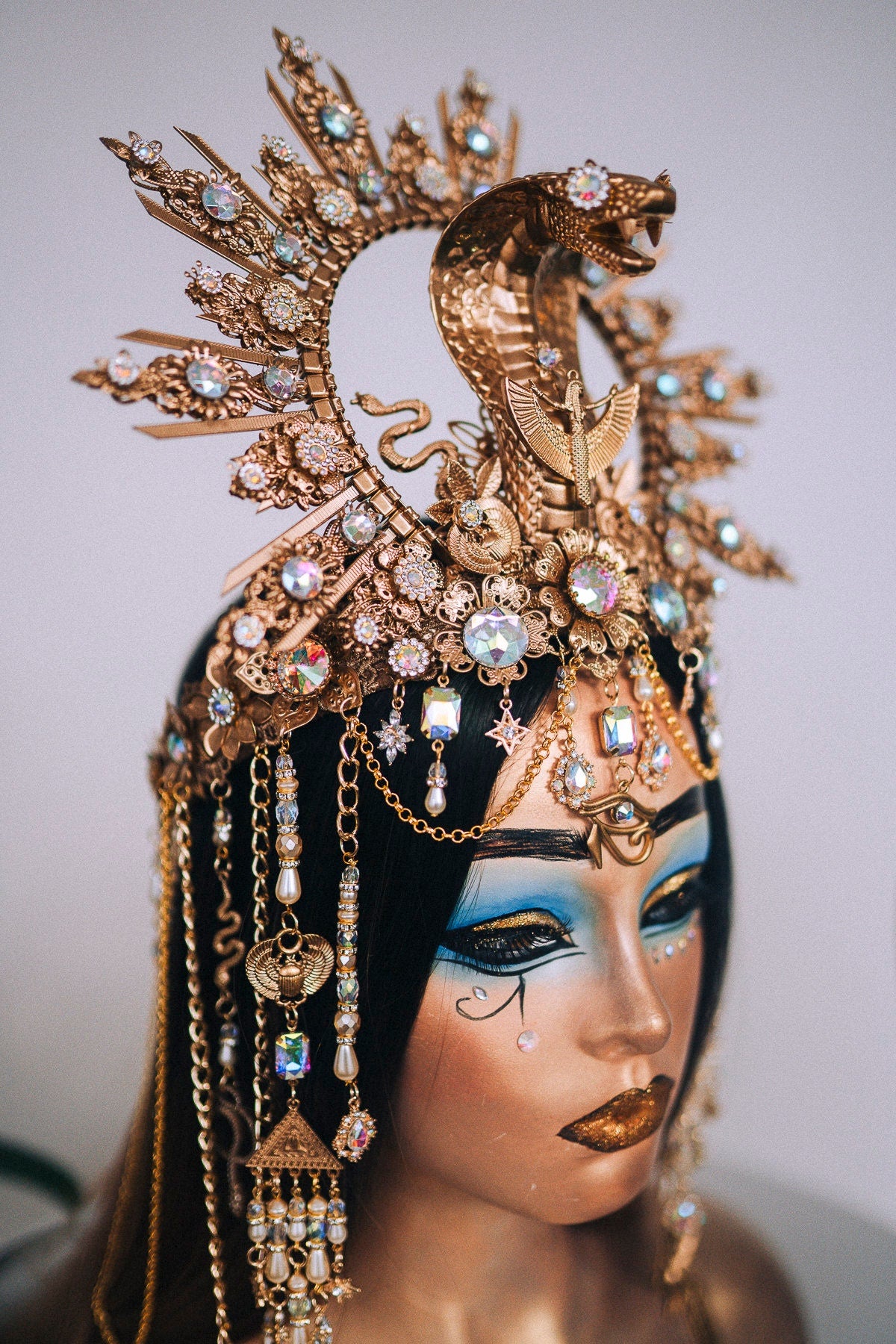 Cleopatra Crown, White pearl crown, Wedding tiara, Pearl jewellery, Gold crown, Halloween, Burning man, Goddess crown