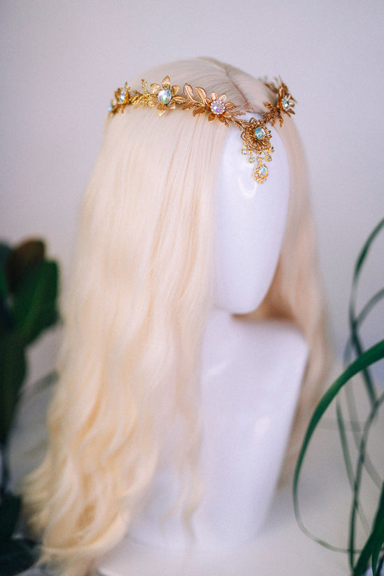 Gold flower tiara, Elven crown, Gold Fairy Crown, Halo Headband, Gold Crown, Tiara, Gold Halo, Festival Crown, Princess crown, Flower crown