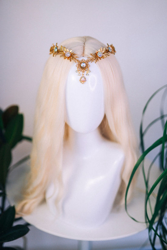 Gold flower tiara, Elven crown, Gold Fairy Crown, Halo Headband, Gold Crown, Tiara, Gold Halo, Festival Crown, Princess crown, Flower crown