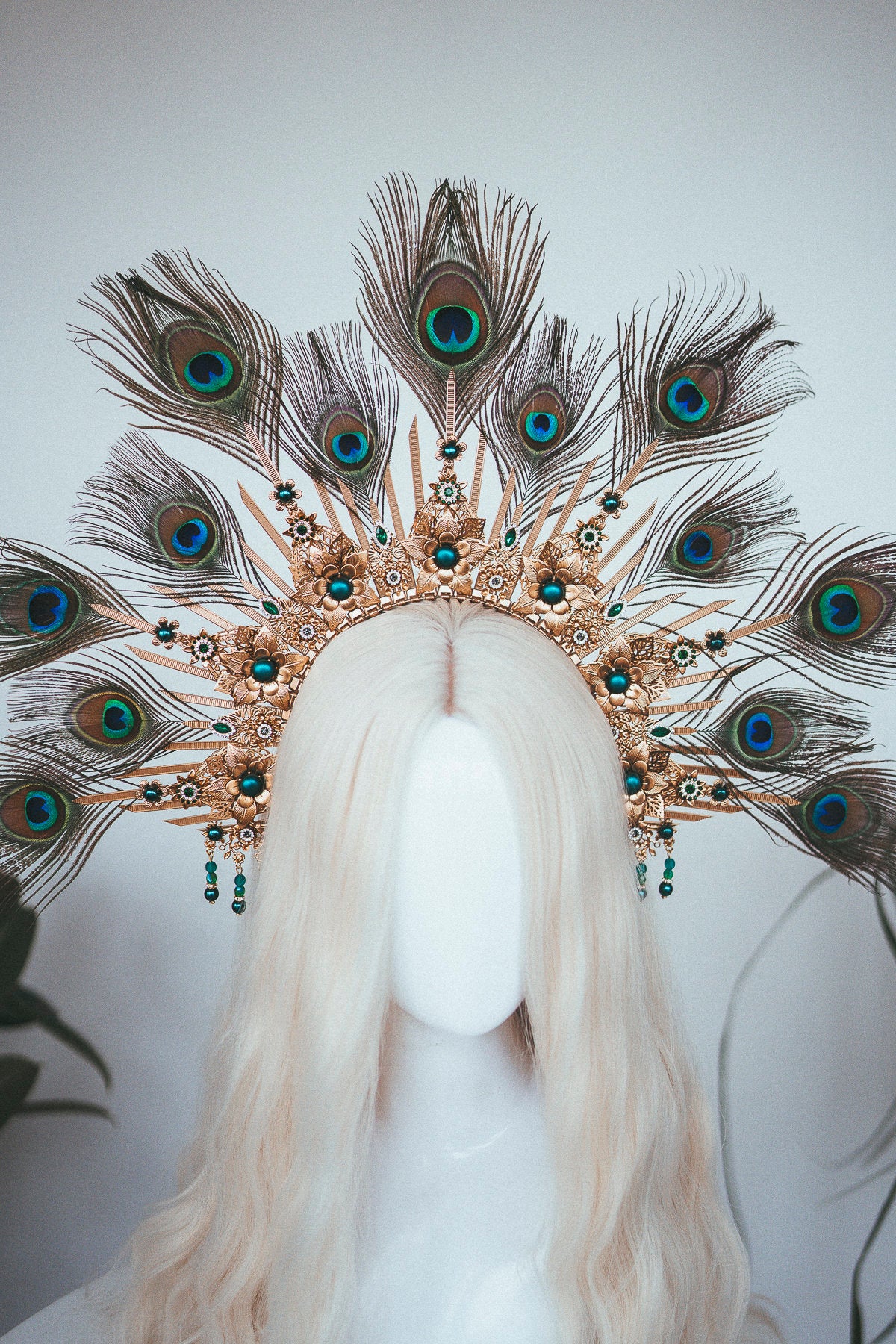 Peacock halo crown, Gold halo headpiece, Halloween costume, Halo headlights, Wedding Crown, Burlesque headpiece, Peacock feather, Carnival