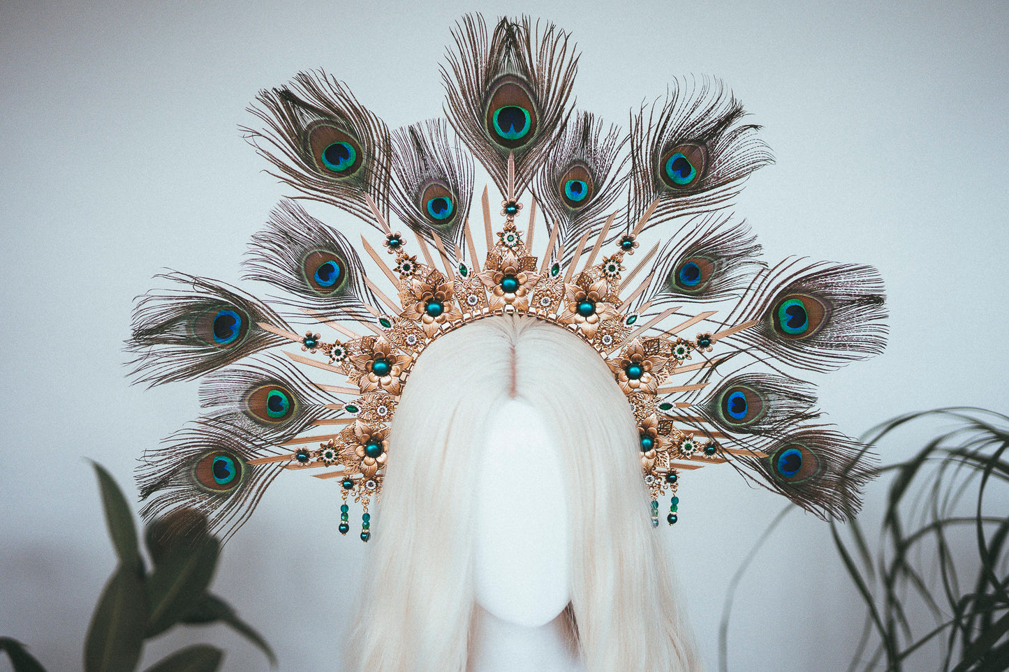 Peacock halo crown, Gold halo headpiece, Halloween costume, Halo headlights, Wedding Crown, Burlesque headpiece, Peacock feather, Carnival