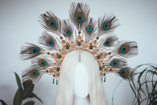 Peacock halo crown, Gold halo headpiece, Halloween costume, Halo headlights, Wedding Crown, Burlesque headpiece, Peacock feather, Carnival