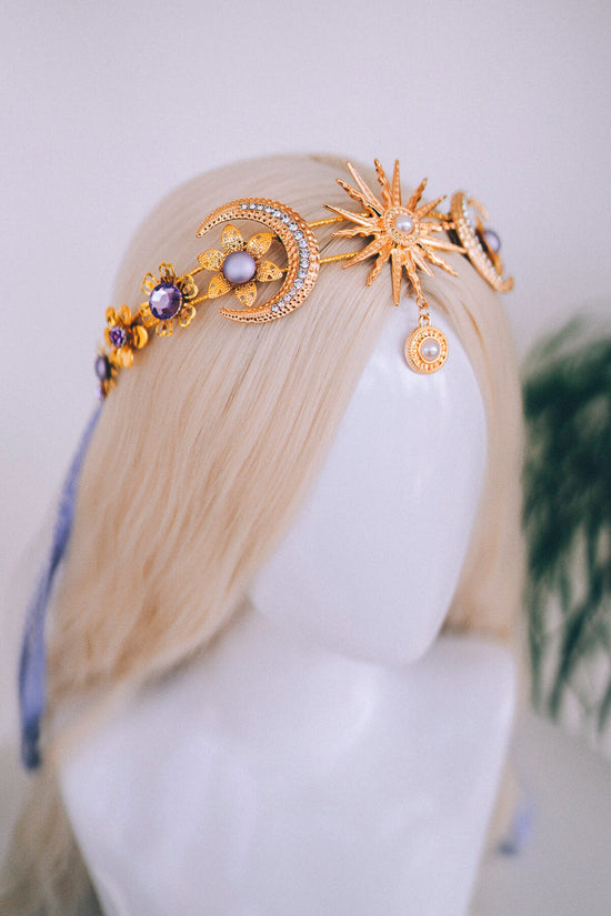 Gold moon crown, Celestial jewelry, Festival headpiece, Gold wedding crown, Gold bridal headpiece, Bridal crown, Wedding crown, Bridal tiara