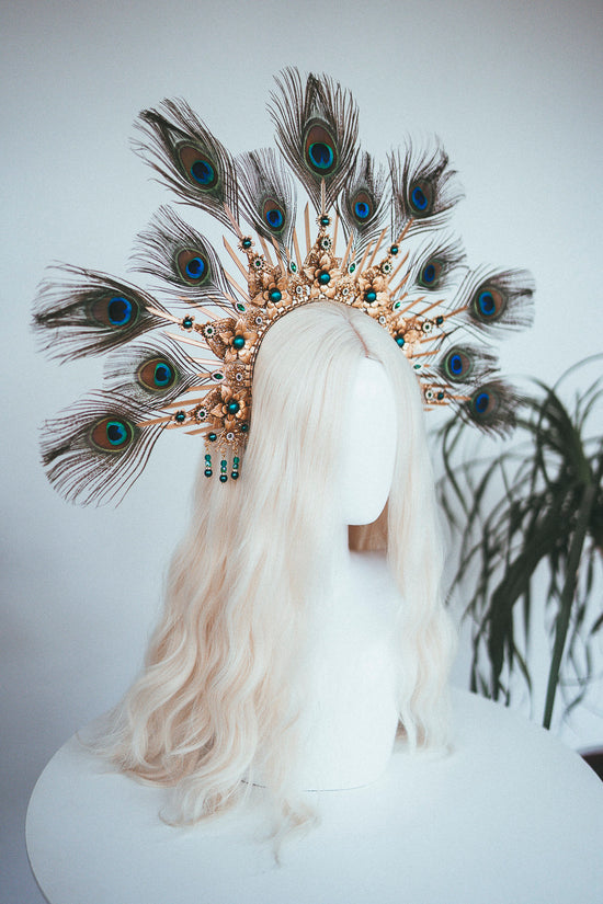 Peacock halo crown, Gold halo headpiece, Halloween costume, Halo headlights, Wedding Crown, Burlesque headpiece, Peacock feather, Carnival