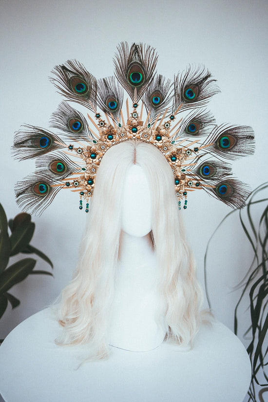 Peacock halo crown, Gold halo headpiece, Halloween costume, Halo headlights, Wedding Crown, Burlesque headpiece, Peacock feather, Carnival