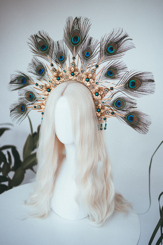 Peacock Halo Crown, Gold Goddess Headpiece, Festival Tiara, Bridal Halo, Maternity Photoshoot, Carnival Costume, Statement Feather Crown