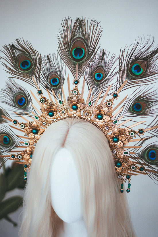 Peacock halo crown, Gold halo headpiece, Halloween costume, Halo headlights, Wedding Crown, Burlesque headpiece, Peacock feather, Carnival