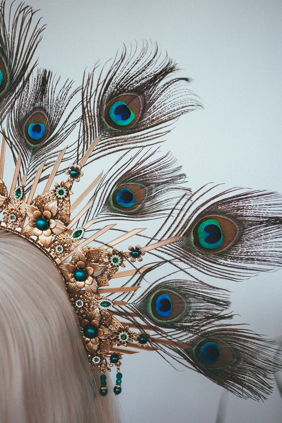 Peacock halo crown, Gold halo headpiece, Halloween costume, Halo headlights, Wedding Crown, Burlesque headpiece, Peacock feather, Carnival