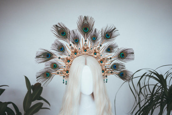 Peacock Halo Crown, Gold Goddess Headpiece, Festival Tiara, Bridal Halo, Maternity Photoshoot, Carnival Costume, Statement Feather Crown