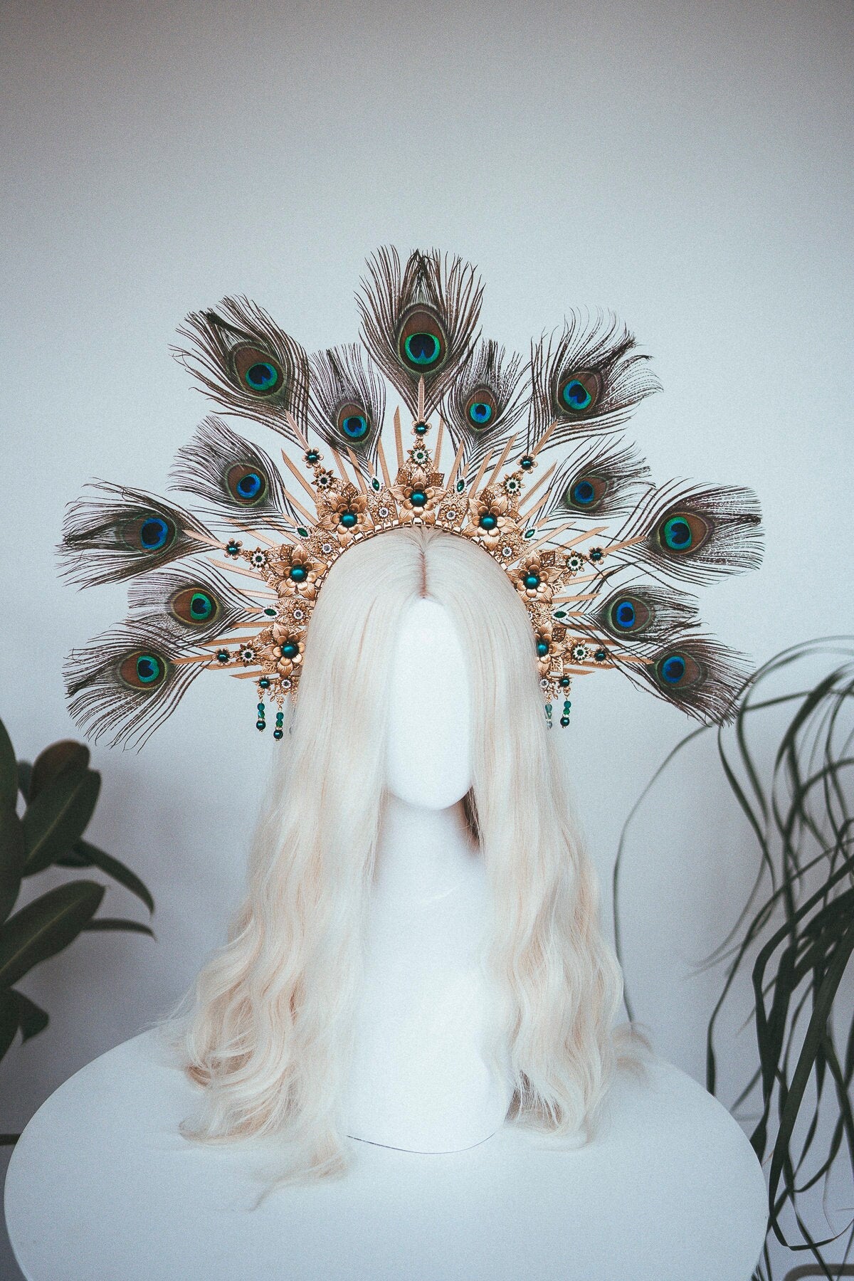 Peacock halo crown, Gold halo headpiece, Halloween costume, Halo headlights, Wedding Crown, Burlesque headpiece, Peacock feather, Carnival