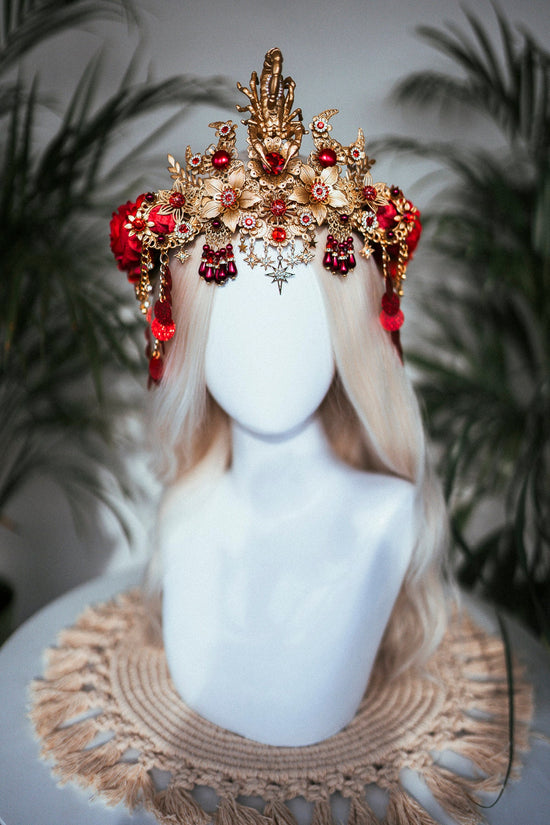 Scorpio crown, Zodiac Signs, Zodiac jewellery, Gold crown, Red flower crown, Gold Headpiece, Birthday crown, Festival crown, Flower crown