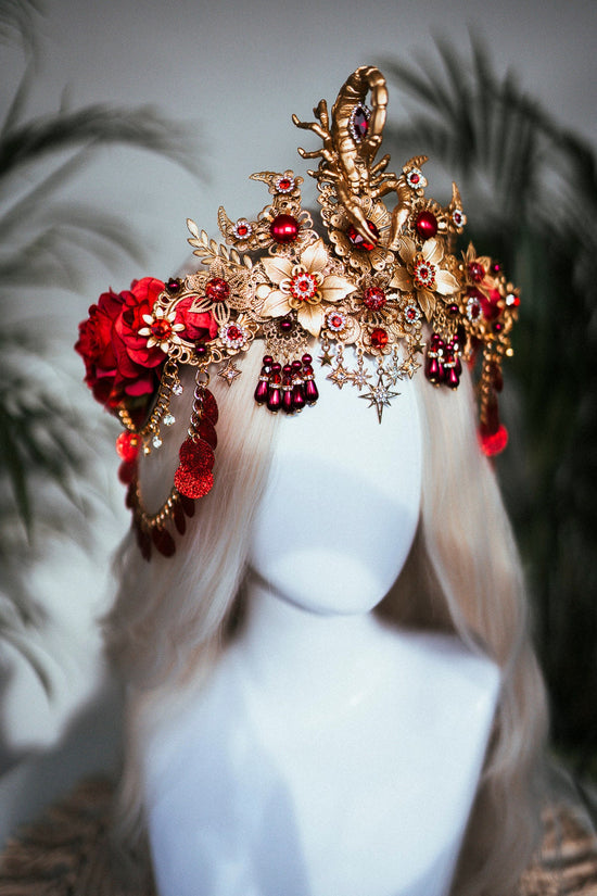 Scorpio crown, Zodiac Signs, Zodiac jewellery, Gold crown, Red flower crown, Gold Headpiece, Birthday crown, Festival crown, Flower crown