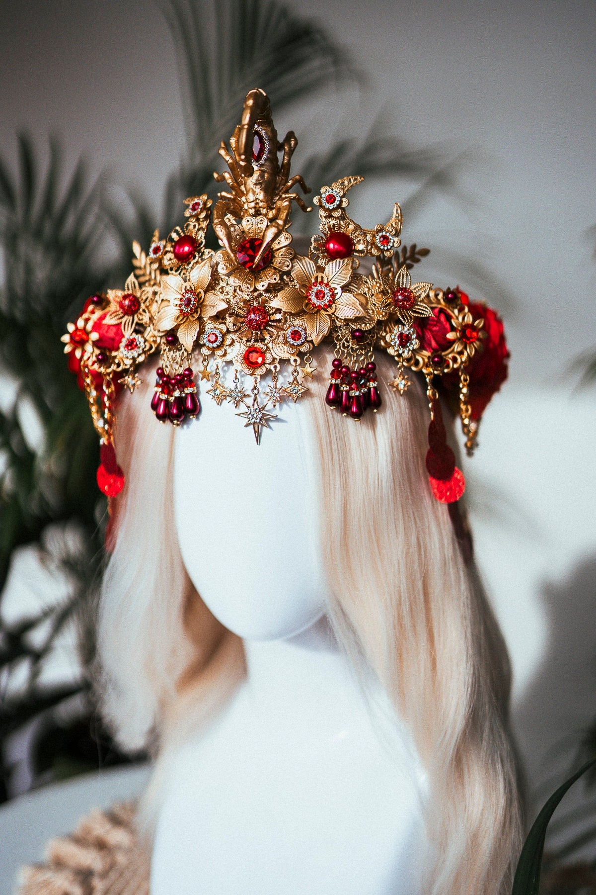 Scorpio crown, Zodiac Signs, Zodiac jewellery, Gold crown, Red flower crown, Gold Headpiece, Birthday crown, Festival crown, Flower crown