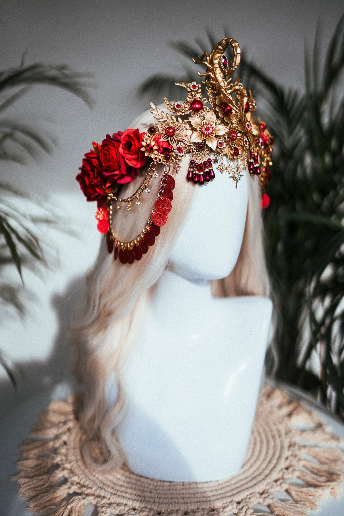 Scorpio crown, Zodiac Signs, Zodiac jewellery, Gold crown, Red flower crown, Gold Headpiece, Birthday crown, Festival crown, Flower crown