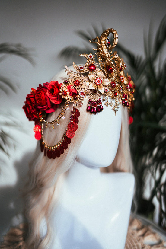 Scorpio crown, Zodiac Signs, Zodiac jewellery, Gold crown, Red flower crown, Gold Headpiece, Birthday crown, Festival crown, Flower crown