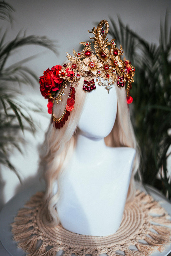 Scorpio crown, Zodiac Signs, Zodiac jewellery, Gold crown, Red flower crown, Gold Headpiece, Birthday crown, Festival crown, Flower crown