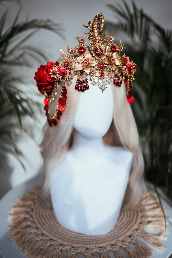 Scorpio crown, Zodiac Signs, Zodiac jewellery, Gold crown, Red flower crown, Gold Headpiece, Birthday crown, Festival crown, Flower crown