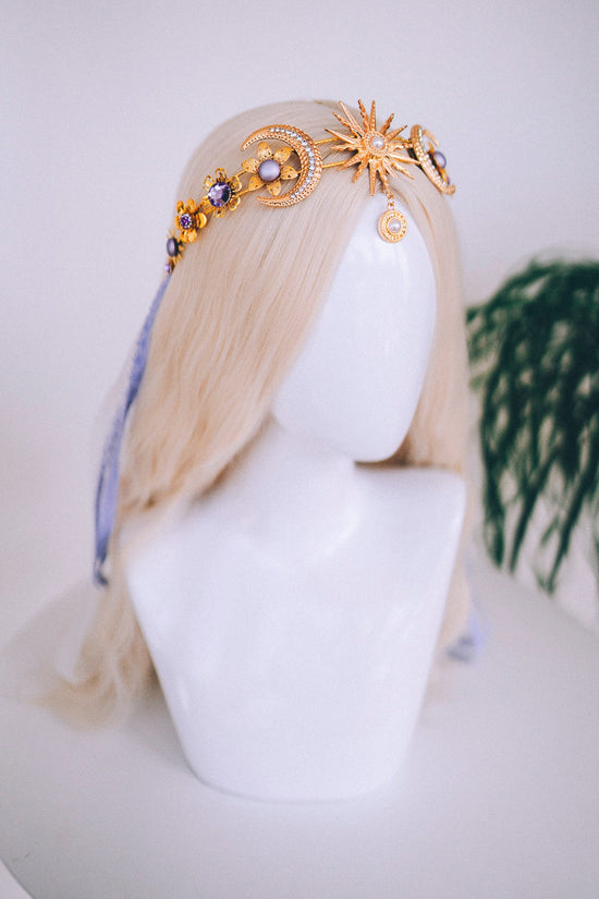 Gold moon crown, Celestial jewelry, Festival headpiece, Gold wedding crown, Gold bridal headpiece, Bridal crown, Wedding crown, Bridal tiara