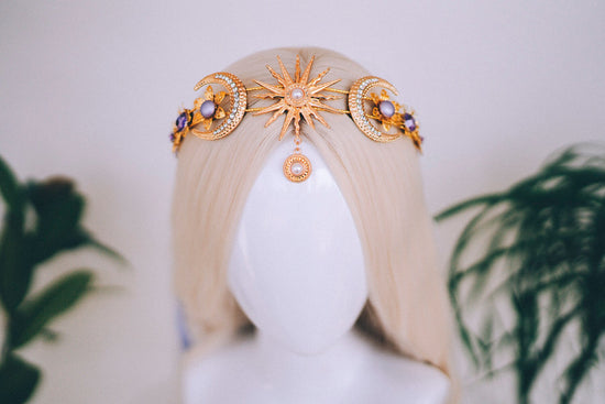 Gold moon crown, Celestial jewelry, Festival headpiece, Gold wedding crown, Gold bridal headpiece, Bridal crown, Wedding crown, Bridal tiara