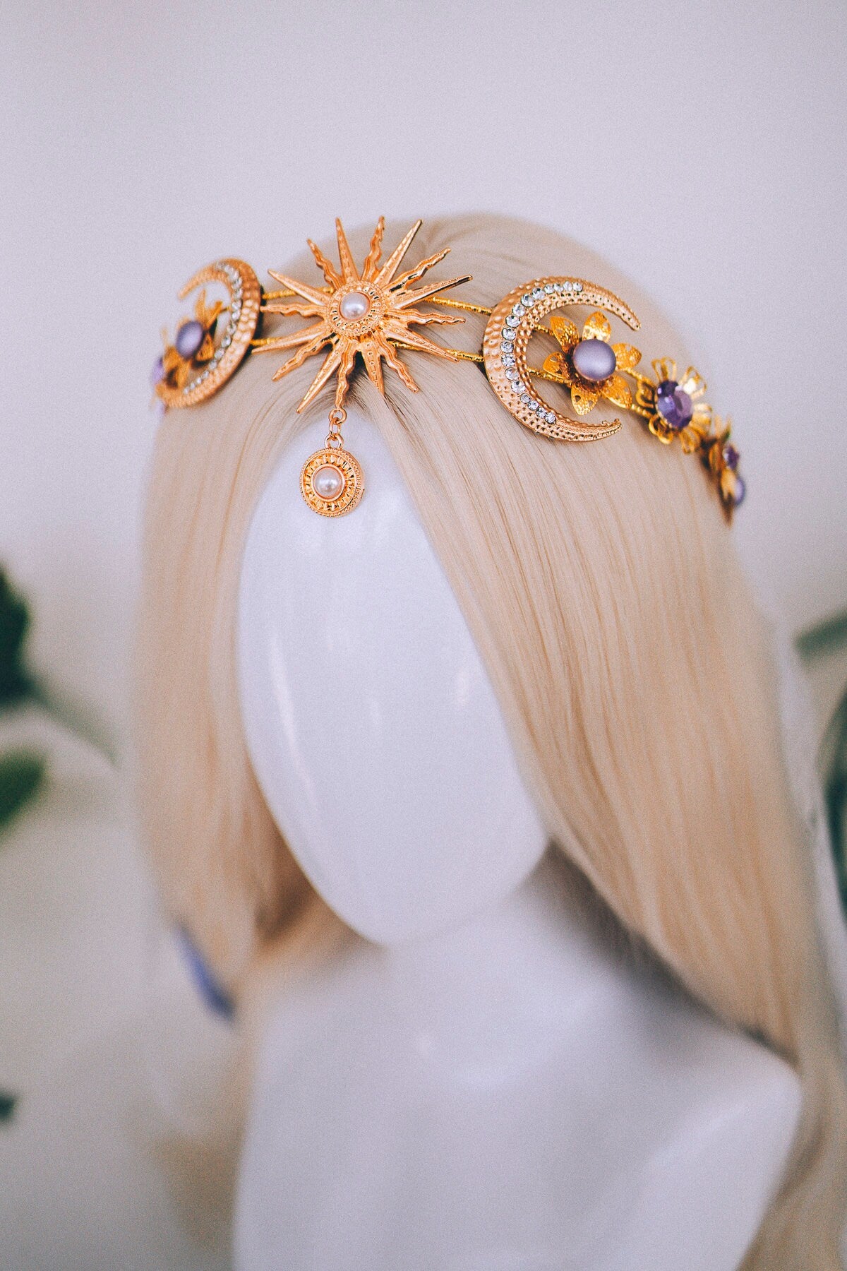 Gold moon crown, Celestial jewelry, Festival headpiece, Gold wedding crown, Gold bridal headpiece, Bridal crown, Wedding crown, Bridal tiara