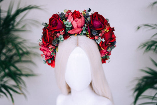 Flower Crown, Red Flower Crown, Flower Headpiece, Floral Crown, Tropical Crown, Crown, Headband, Headpiece, Pregnancy Photo, Goddess crown