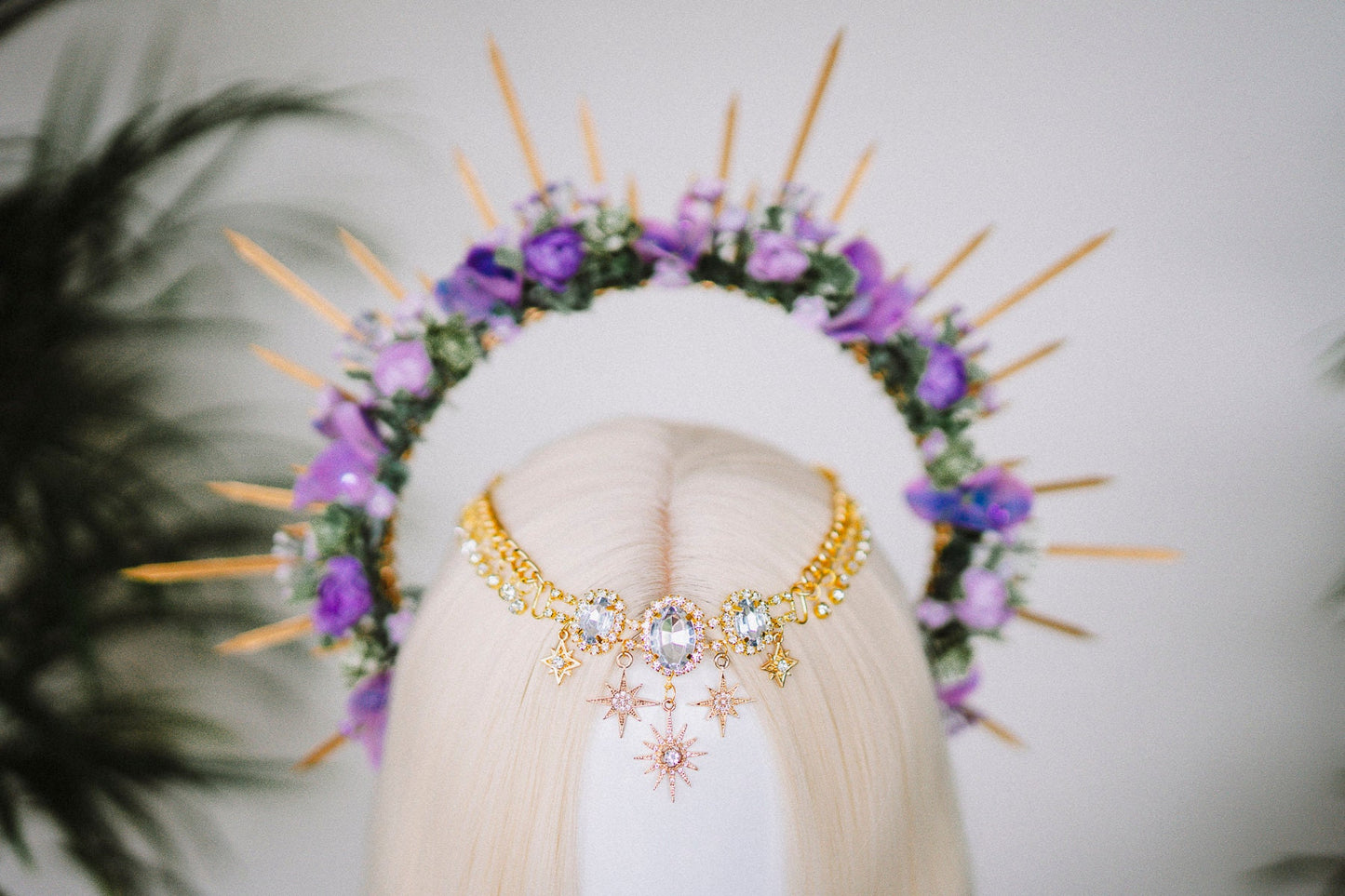 SALE Purple flower halo crown, Purple crown, Purple flower crown, Gold halo crown, Goddess crown, Flower headband, Flower headpiece