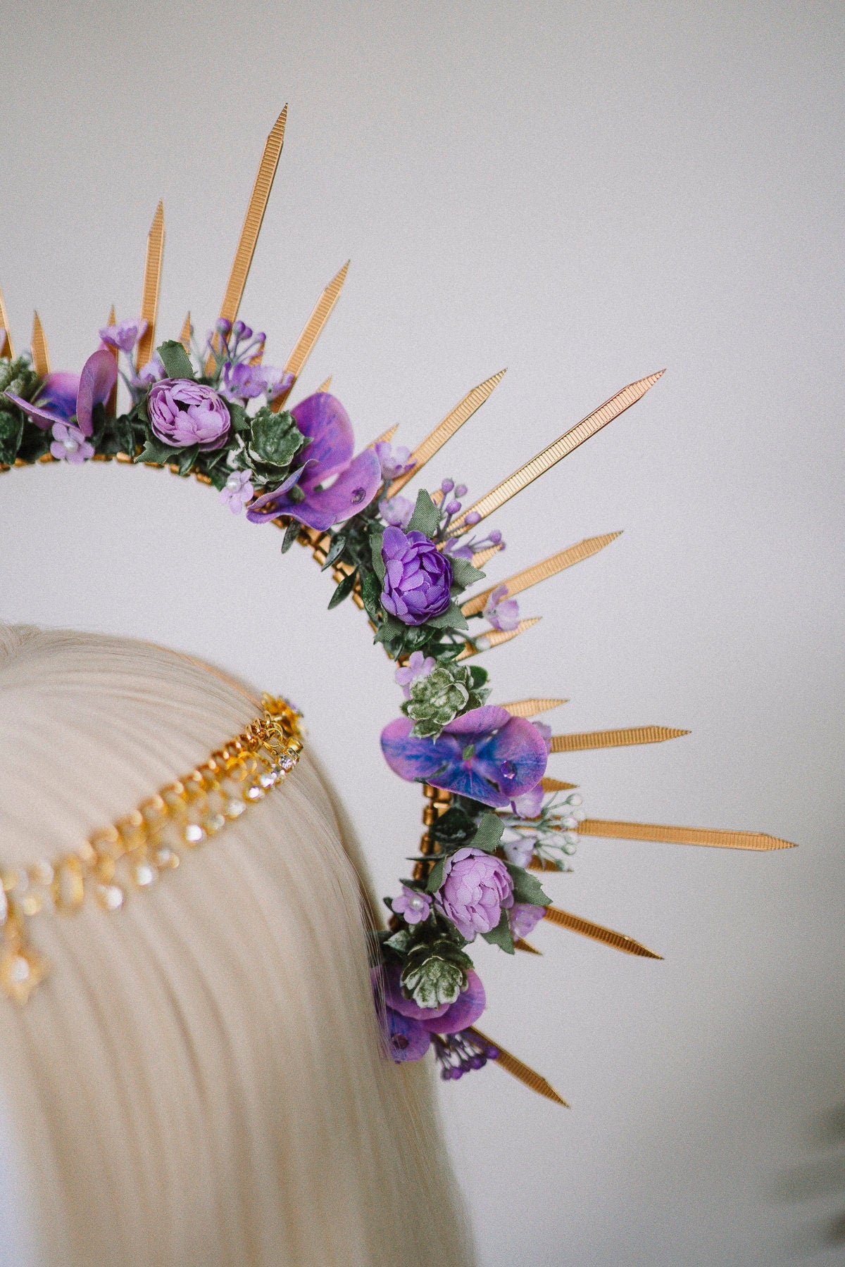 SALE Purple flower halo crown, Purple crown, Purple flower crown, Gold halo crown, Goddess crown, Flower headband, Flower headpiece