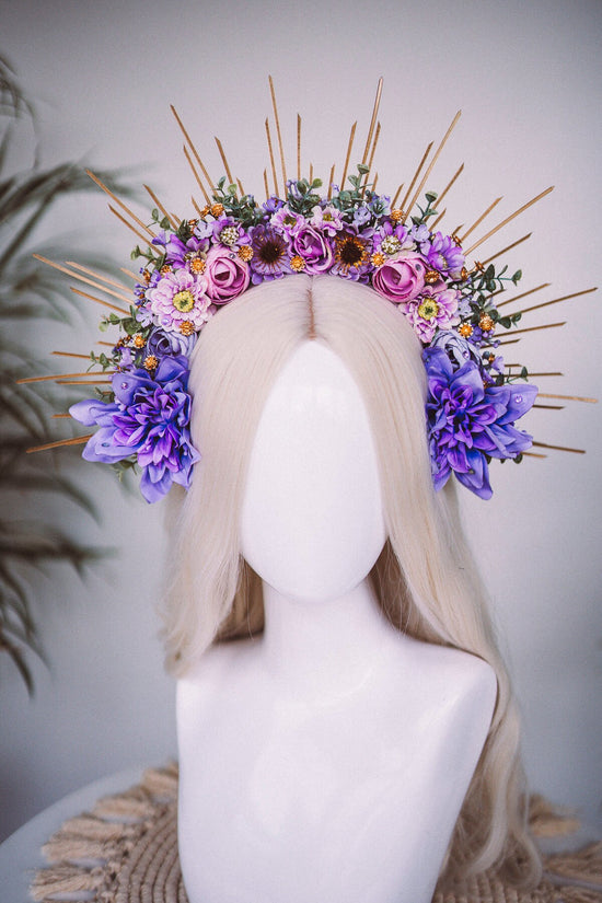 Purple flower halo crown, Purple crown, Purple flower crown, Gold halo crown, Goddess crown, Flower headband, Flower headpiece, Tiara