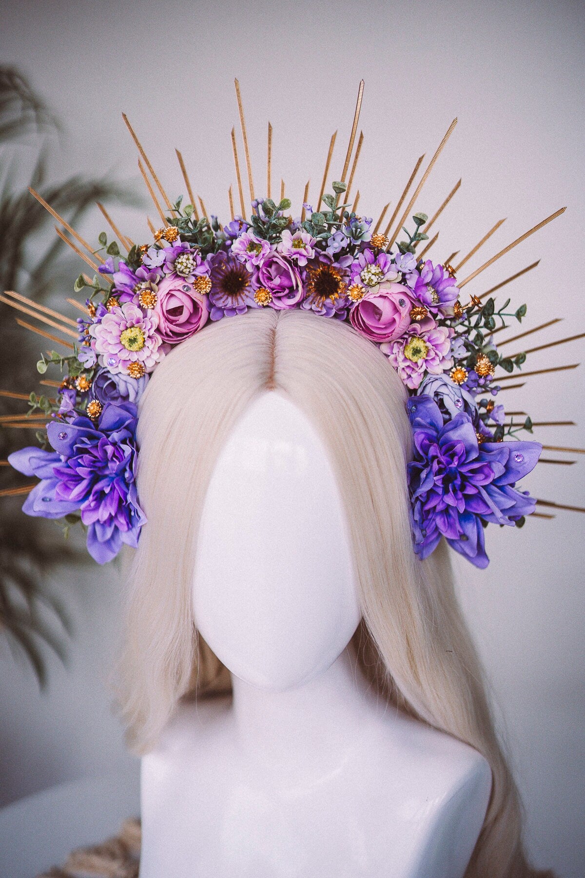 Purple flower halo crown, Purple crown, Purple flower crown, Gold halo crown, Goddess crown, Flower headband, Flower headpiece, Tiara