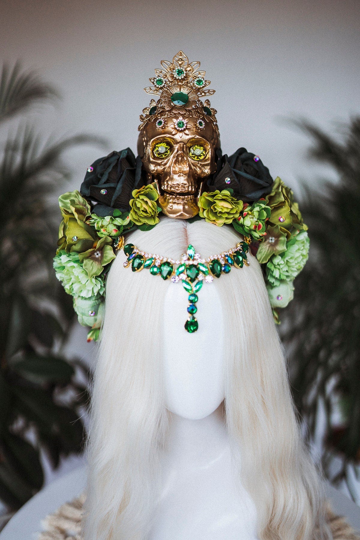 Green flower crown, Gold halo crown, La Catrina crown, Halloween headband, Halloween costume, Flower headpiece, Flower headpiece, Spooky