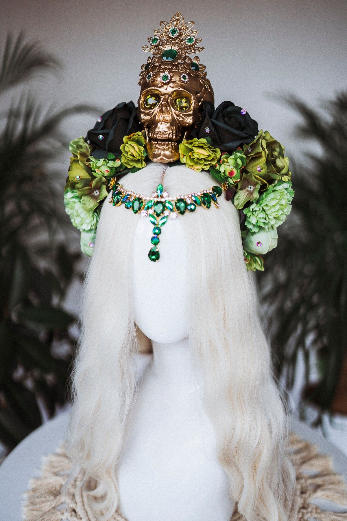 Green flower crown, Gold halo crown, La Catrina crown, Halloween headband, Halloween costume, Flower headpiece, Flower headpiece, Spooky