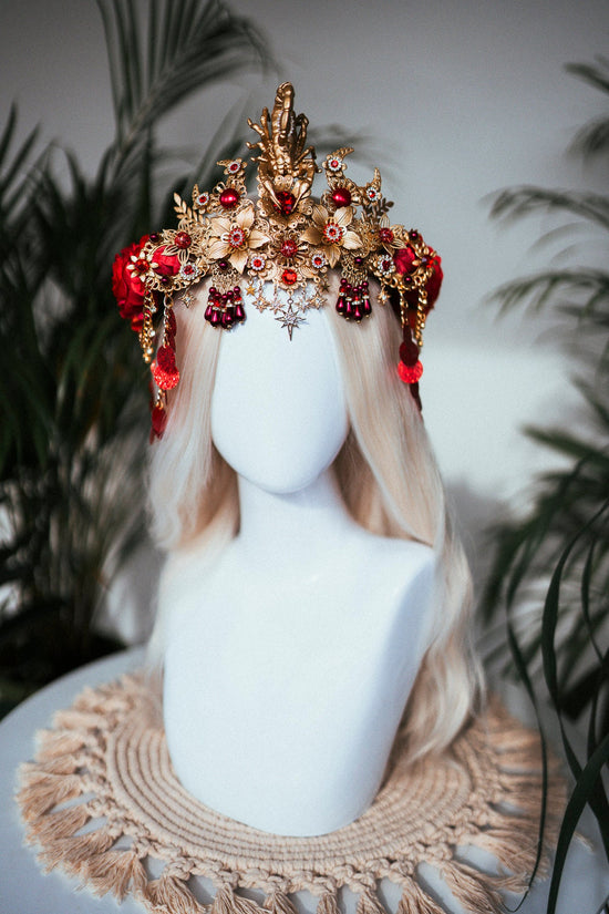 Scorpio crown, Zodiac Signs, Zodiac jewellery, Gold crown, Red flower crown, Gold Headpiece, Birthday crown, Festival crown, Flower crown