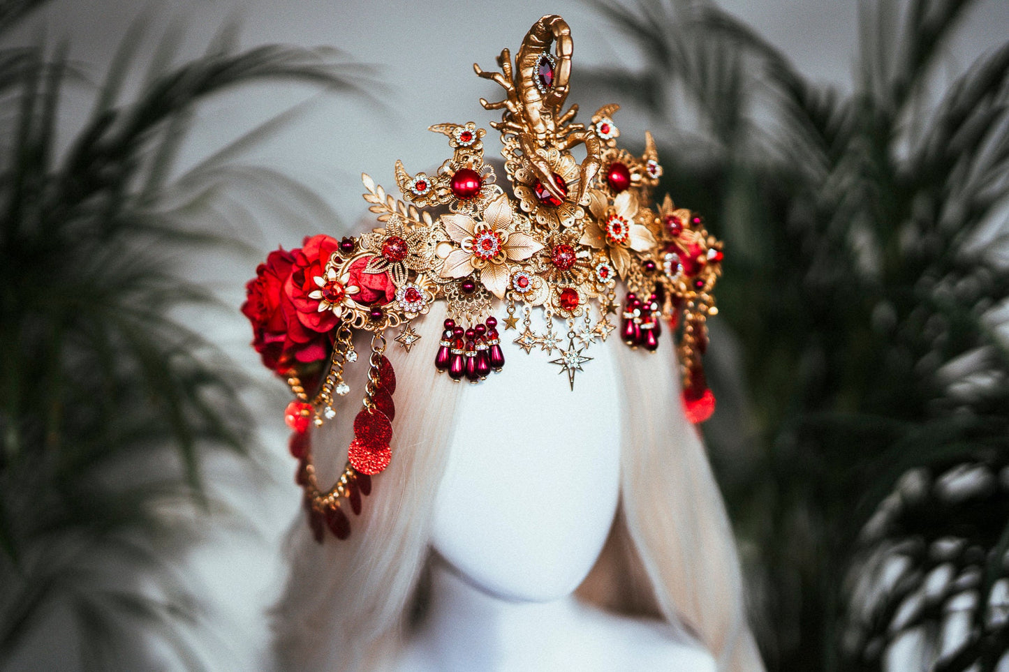 Scorpio crown, Zodiac Signs, Zodiac jewellery, Gold crown, Red flower crown, Gold Headpiece, Birthday crown, Festival crown, Flower crown