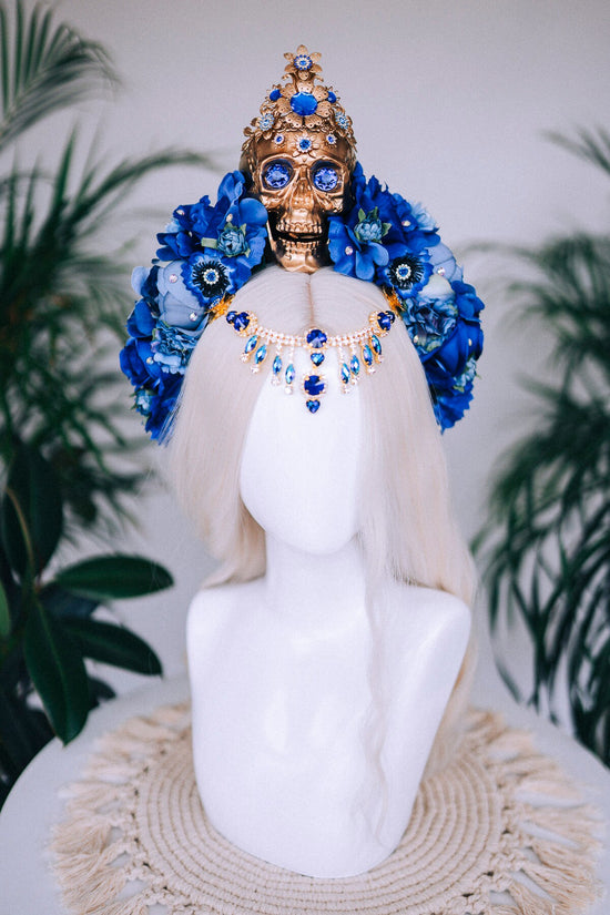 Blue flower crown, Gold halo crown, La Catrina crown, Halloween headband, Halloween costume, Halloween headpiece, Flower headpiece, Spooky