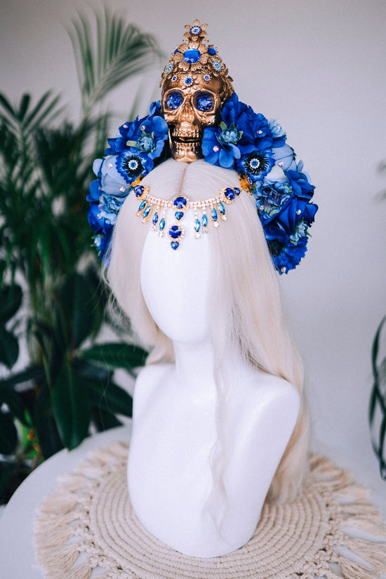 Blue flower crown, Gold halo crown, La Catrina crown, Halloween headband, Halloween costume, Halloween headpiece, Flower headpiece, Spooky