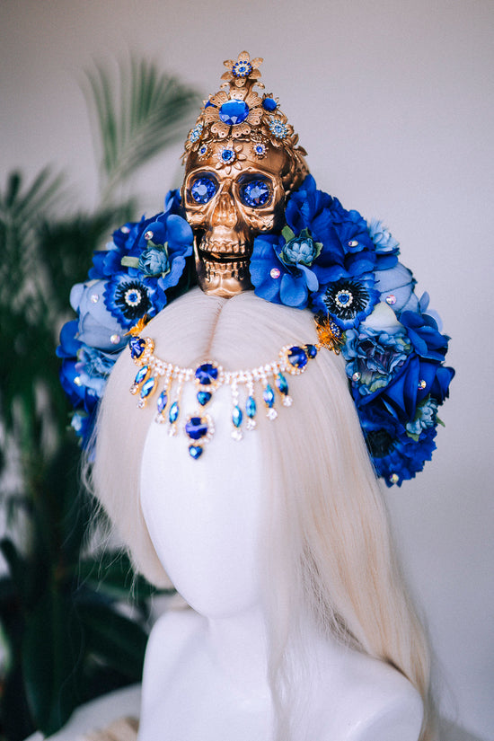 Blue flower crown, Gold halo crown, La Catrina crown, Halloween headband, Halloween costume, Halloween headpiece, Flower headpiece, Spooky