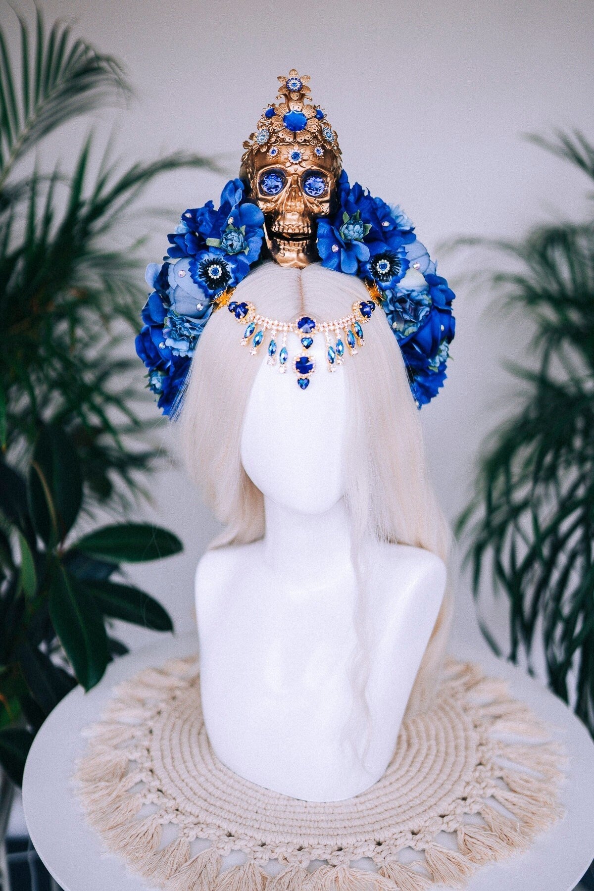 Blue flower crown, Gold halo crown, La Catrina crown, Halloween headband, Halloween costume, Halloween headpiece, Flower headpiece, Spooky